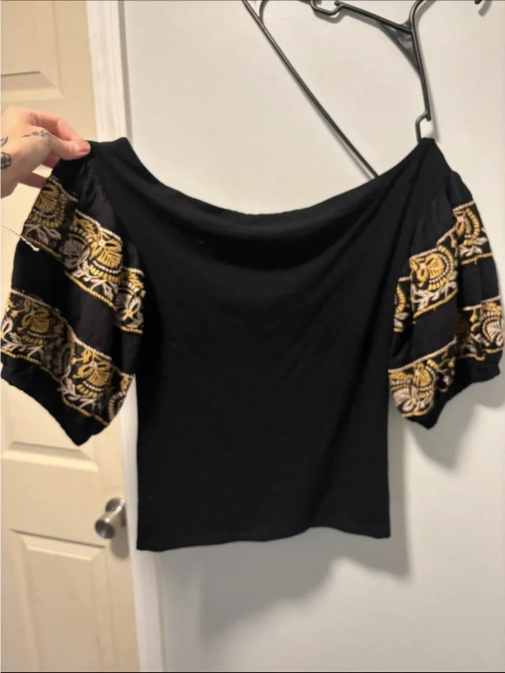 Free People Black Top with Gold Embroidered Puff Sleeves